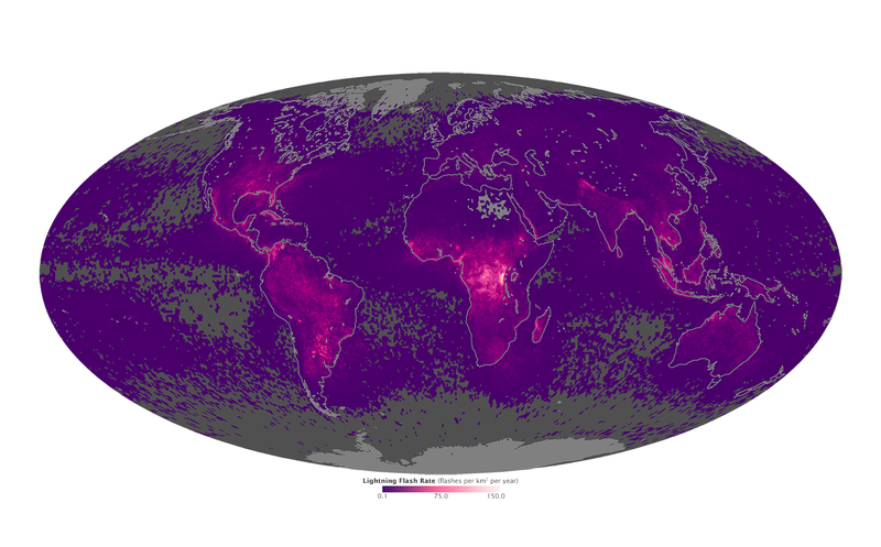This image of global lightning activity was pieced together from years of data collected by Earth observing satellites. GOES-R will monitor lightning activity real time, with no gaps in coverage for the western hemisphere. Image: NASA Earth Observatory